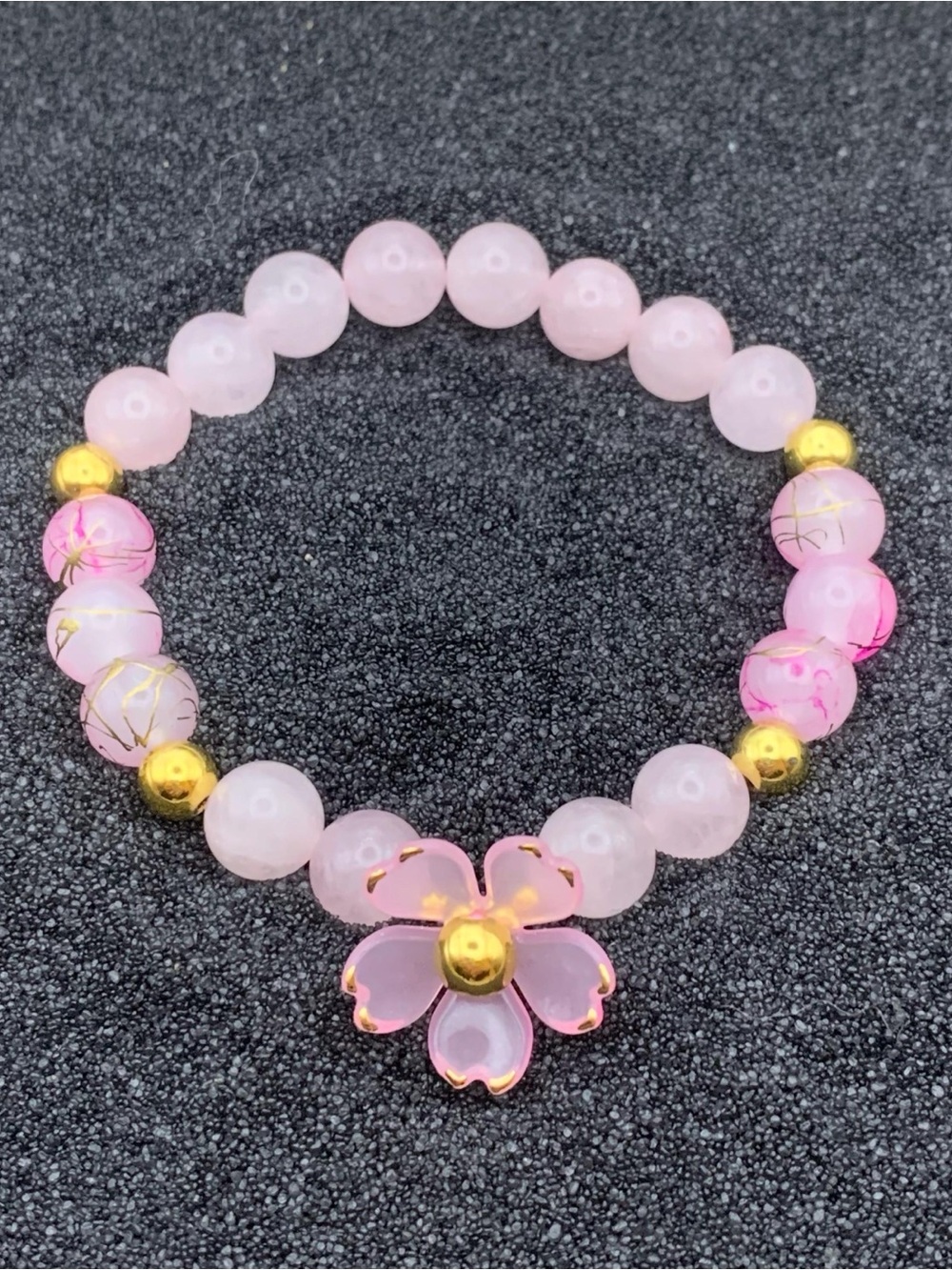 Pink Beaded Sakura Flower Charm Bracelet